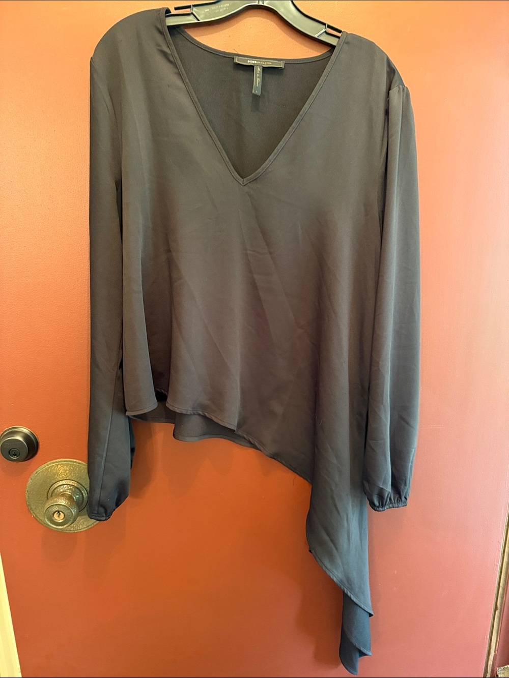 BCBG Max Azria Asymmetric V-Neck Long Sleeve Top - Charcoal